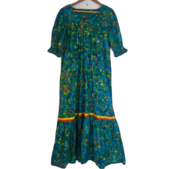Handmade Prairie Maxi MuMu Dress Aline Shift All Over Print Neon Floral Sz Large - Picture 1 of 6